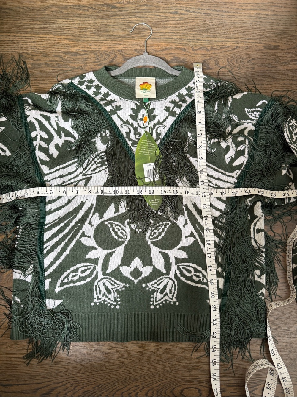 NWT Farn Rio Miranda Dark Green and White Fringe Knit Sweater size S. - Picture 9 of 11